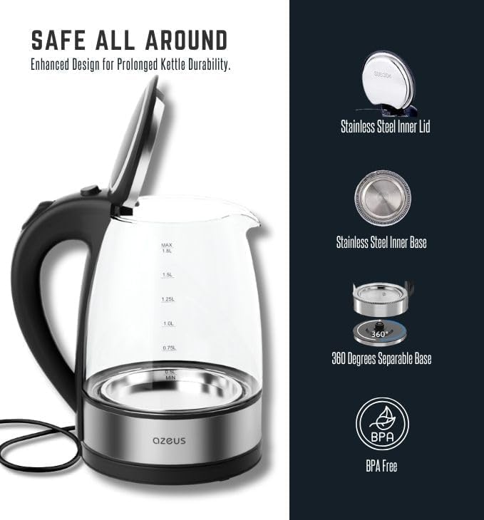 AZEUS Glass Electric Kettle - 1.8L Fast Boiling Auto-Shutoff & Anti-Dry Heat Safety Kettle for Home/Office, Borosilicate Glass with LED Indicator (white)