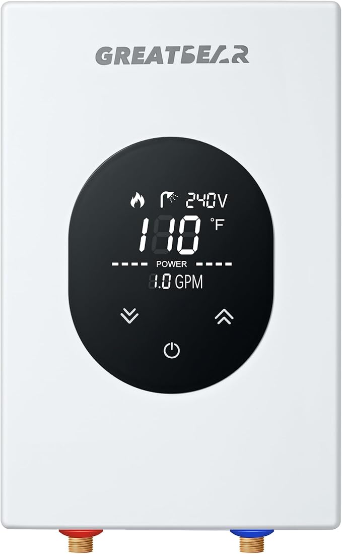 Electric Tankless Water Heater, GREATBEAR 6KW On Demand Water Heater Electric 240V, Point of Use Instant Hot, With Self Modulating GT60W White