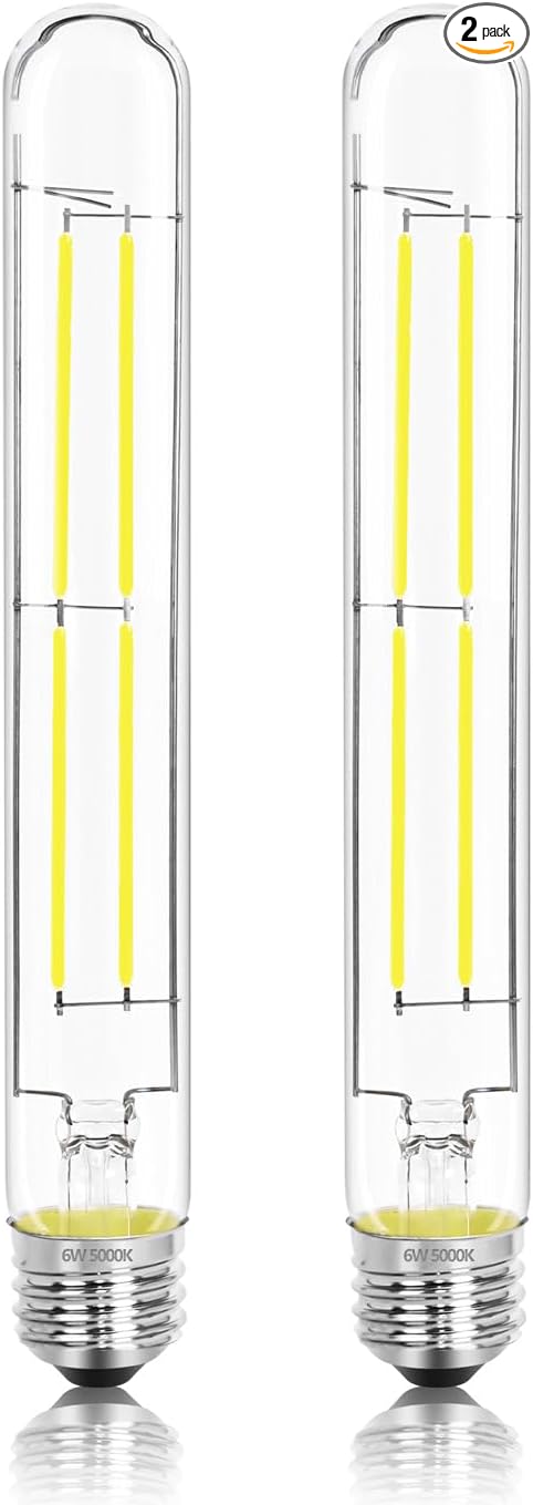 8.9IN LED Light Bulbs E26 Base, 6W 800LM 5000K Daylight White T10 T9 Vintage Edison Bulbs Dimmable, AC 120V Equal 80 Watt Clear Glass Long Tubular Filament Bulb, UL Listed - 2Pack