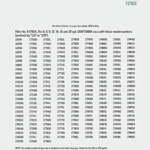 17816 9-17816 Red Stripe Vacuum Cartridge Filter Compatible Craftsman Shop Vac Wet/Dry Vacuum Models 5, 6, 8, 12, and 16 32 Gal. Vacuums produced since 1988 8.5 Inches- White/Red