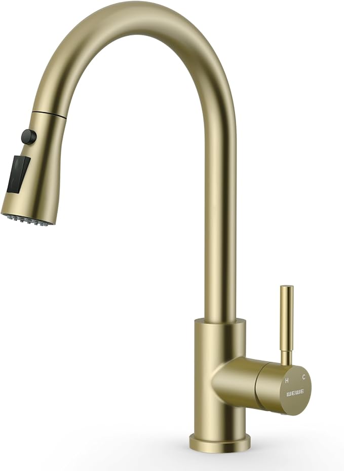 WEWE Kitchen Faucets with Pull Down Sprayer, Stainless Steel Single Handle 1 Hole for Family Kitchen Commercial Camper Laundry Rv Bar, Gold
