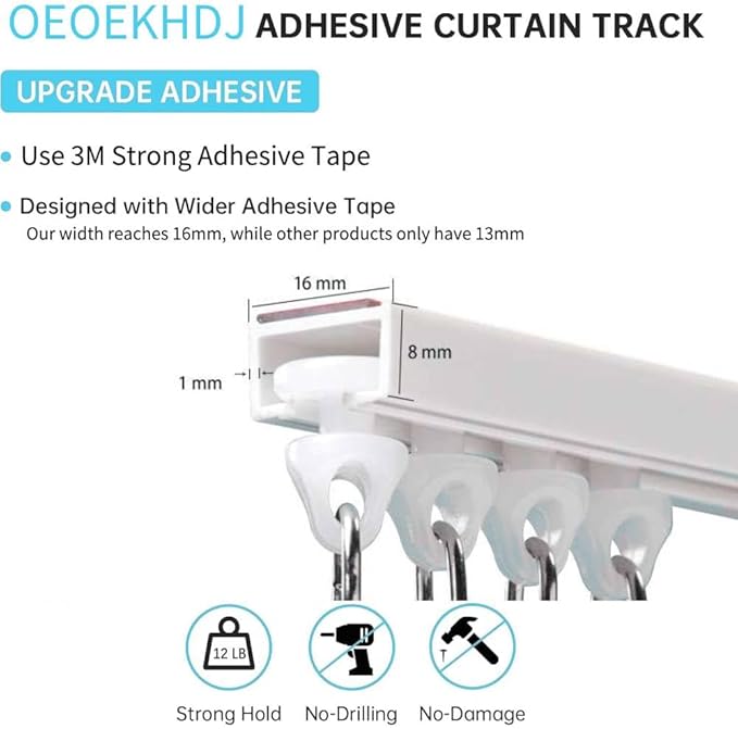 Self Adhesive Ceiling Or Wall Curtain Track No Drill Curtain Rod 8FT/96Inch, No Damage Curtain Track Hangers, For Windows Cabinet Closet Bathroom Shower Curtain (8FT)
