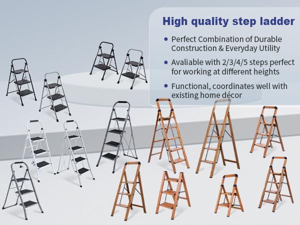 Step Ladders Folding 3 Step Stool Woodgrain Finish Aluminum,Tripod Anti-Slip Portable Sturdy for Home & Kitchen Office 330 lbs