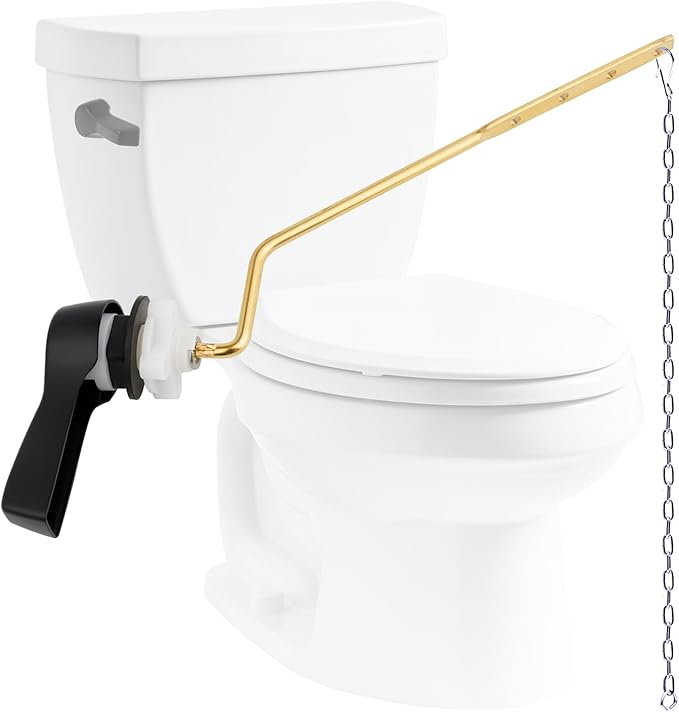 Hibbent Universal Metal Side Mount Toilet Handle Replacement Kit, Brass Toilet Flush Tank Lever with Stainless Steel Flapper Chains for Most Toilets, Matte Black Finish