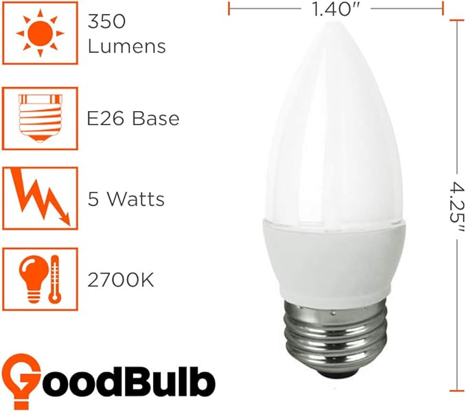 GoodBulb 5 Watt Frosted B11 Light Bulbs LED Restaurant Bulb with E26 Medium Base 2700K Warm White 350 Lumens Restaurant Light Bulbs 10 Pack