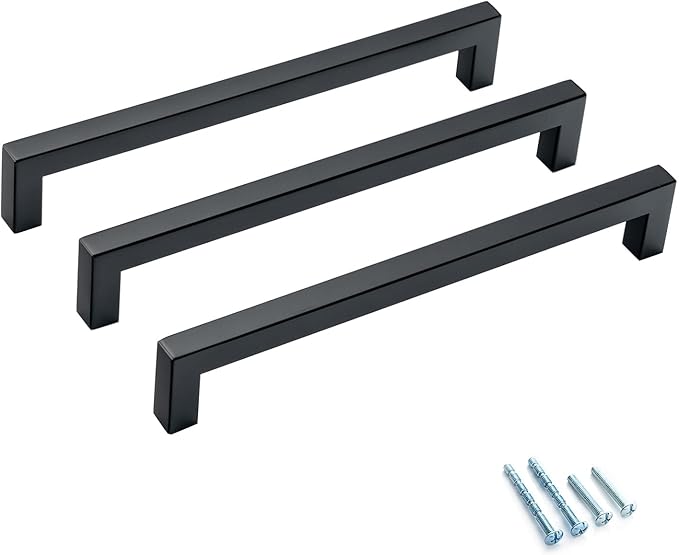 10 Pack Matte Black Cabinet Pulls 8 Inch Black Square Drawer Handles Dresser Pulls Stainless Steel Kitchen Cabinet Handles Cabinet Hardware