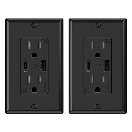 ELEGRP USB Wall Outlets, 15 Amp USB C Wall Outlets Receptacles, Outlets with USB A and USB C Ports, Tamper Resistant Receptacle, Wall Plate Included, UL Listed, 2 Pack, Black