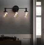 Phansthy 3-Light Wall Sconces Antique Brass Vanity Light, Industrial Wall Lamps with On Off Switch and Clear Glass Lampshade, Vintage Wall Lighting for Bathroom Living Room (Black, Globe Shade)