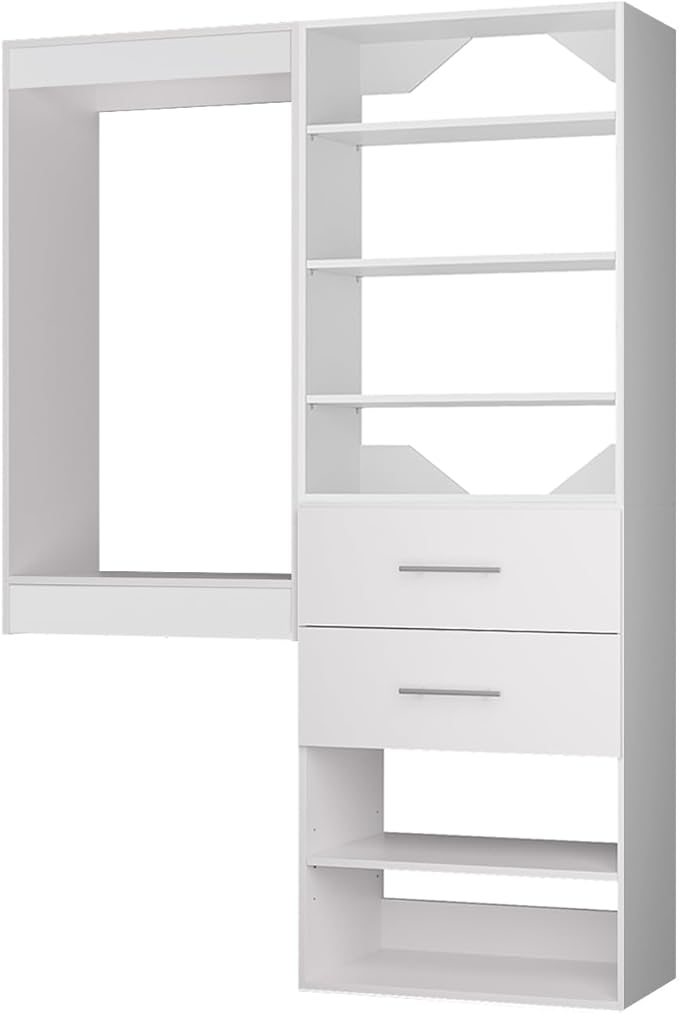 ROOMTEC Modular Closet System, 61" Wall Mounted Closet Organizer with Hanging Rods and Drawers, Wooden Tower for Walk-In Closets, Wardrobe Storage Kit, White