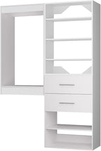 ROOMTEC Modular Closet System, 55" Wall Mounted Closet Organizer with Hanging Rods and Drawers, Wooden Tower for Walk-In Closets, Wardrobe Storage Kit, White