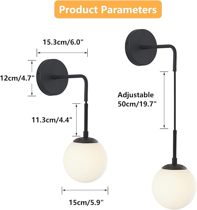 KCO Lighting Frosted White Glass Wall Sconce Set of Two Black Globe Ball Wall Light Adjustable Cord Industrial Vanity Wall Lamp for Bathroom Mirror Bedside Stairs (White)