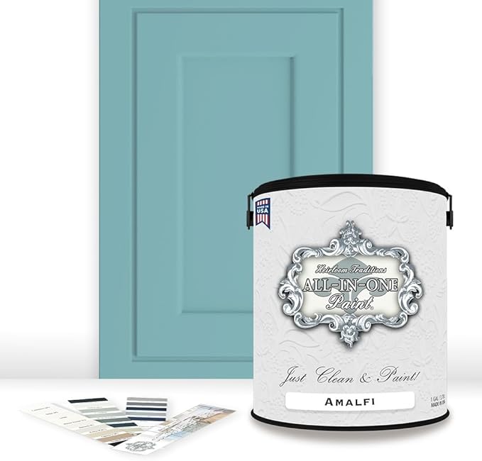 ALL-IN-ONE Paint, Durable cabinet and furniture paint. Built in primer and top coat, no sanding needed. Includes our 30 featured color card - Amalfi (blue aqua), Gallon