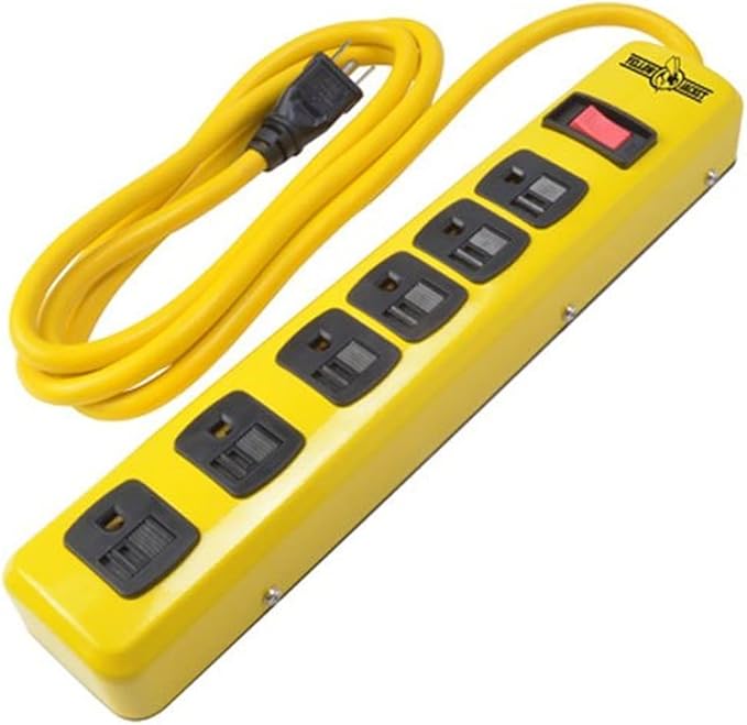 WOODS WIRE Southwire Yellow Jacket 5139N 14/3 6-Outlet Heavy Duty Industrial Metal Workshop Strip with 6-Foot Power Cord; Sliding Safety Covers and Overload Protection
