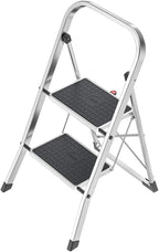 HAILO K70 StandardLine 2-Step Ladder – Foldable Steel Step Stool with Safety Lock, Wide Non-Slip Mats, 330 lb Capacity, Compact Storage, Carry Handle, Stable for Home, Kitchen, Office – Silver