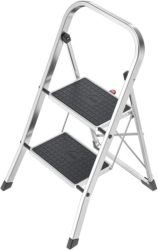 HAILO K70 StandardLine 2-Step Ladder – Foldable Steel Step Stool with Safety Lock, Wide Non-Slip Mats, 330 lb Capacity, Compact Storage, Carry Handle, Stable for Home, Kitchen, Office – Silver