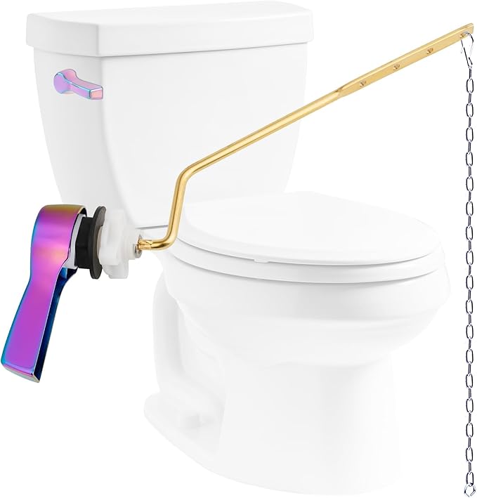 Hibbent Universal Metal Side Mount Toilet Handle Replacement Kit, Brass Toilet Flush Tank Lever with Stainless Steel Flapper Chains for Most Toilets, Rainbow