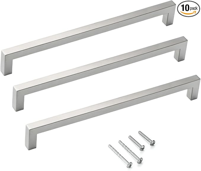 10 Pack Brushed Nickel Cabinet Handles 10 Inches Stainless Steel Square Cabinet Pulls Dresser Drawer Knobs Cupboard Handles Modern Kitchen Cabinet Hardware
