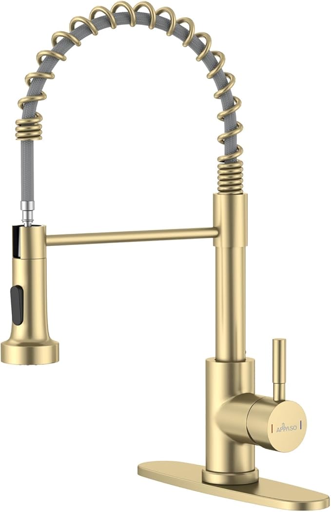 APPASO Gold Kitchen Faucet with Pull Down Sprayer, Brushed Gold Kitchen Sink Faucets 18 Inches Commercial Single Handle High Arc Faucet for Sink, Stainless Steel Kitchen Faucet for Sink 1 or 3 Holes