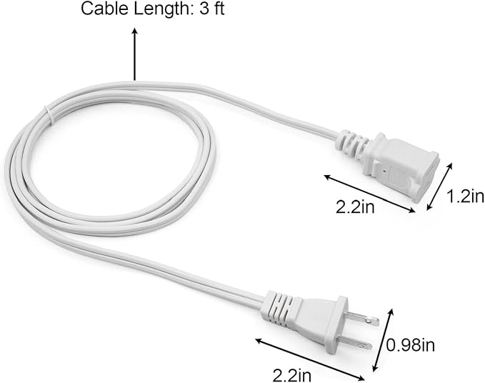 Short Extension Cord 3 Ft，2Pack Flat Plug Extension Cord 2 Prong,US Male/Female Power Cable UL Listed for Indoor/Outdoor Use,White