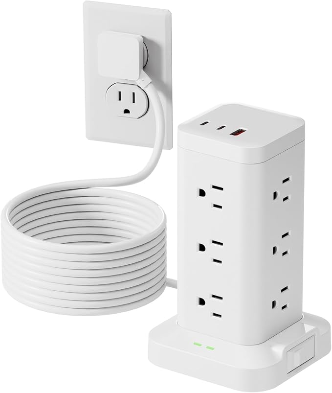 15-in-1 Power Strip Tower with Surge Protector 1800J, Fast Charging Tower PD20W USB-C Ports with 12 AC Outlets, 10ft Extension Cord for Home Office Dorm Room, White