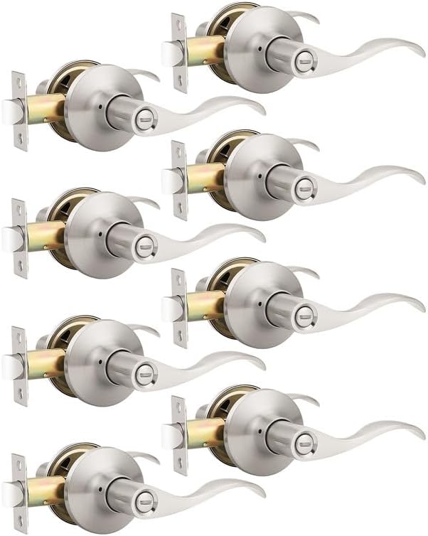 Mengico 8 Pack Satin Nickel Privacy Door Lever, Modern Interior Door Knobs Locks for Bedroom and Bathroom, Heavy Duty Door Handle, Reversible Wave Lever Handle