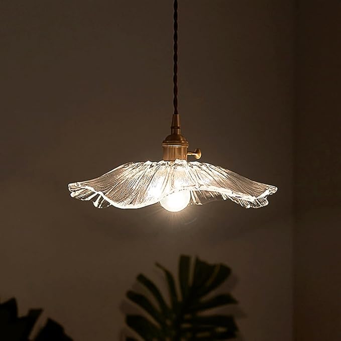 Glass Pendant Lights Full Brass Modern Pendant Lighting Fixture 11 Inch with Rippled Transparent Shade Adjustable Hanging Lamp for Dining Room and Kitchen Island