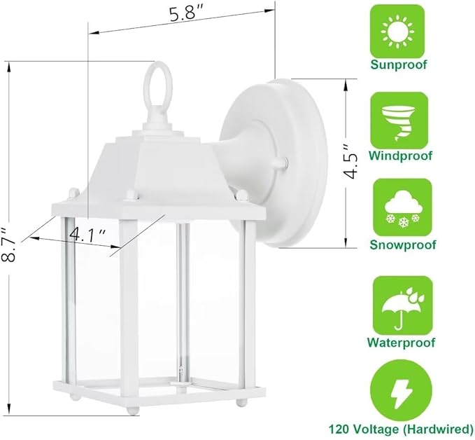LIT-PaTH Outdoor LED Wall Lantern, Wall Sconce as Porch Light, 9.5W 800 Lumen, Aluminum Housing Plus Glass, 5000k-Matte White Finish, 2-Pack