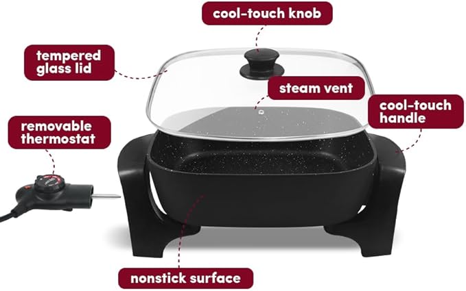 Elite Gourmet EG6201# Extra Deep 12"x12"x3.2" (7.5Qt.) Scratch Resistant Dishwasher Safe, Non-stick Electric Skillet with Glass Vented Lid, Adjustable Temperature, Black