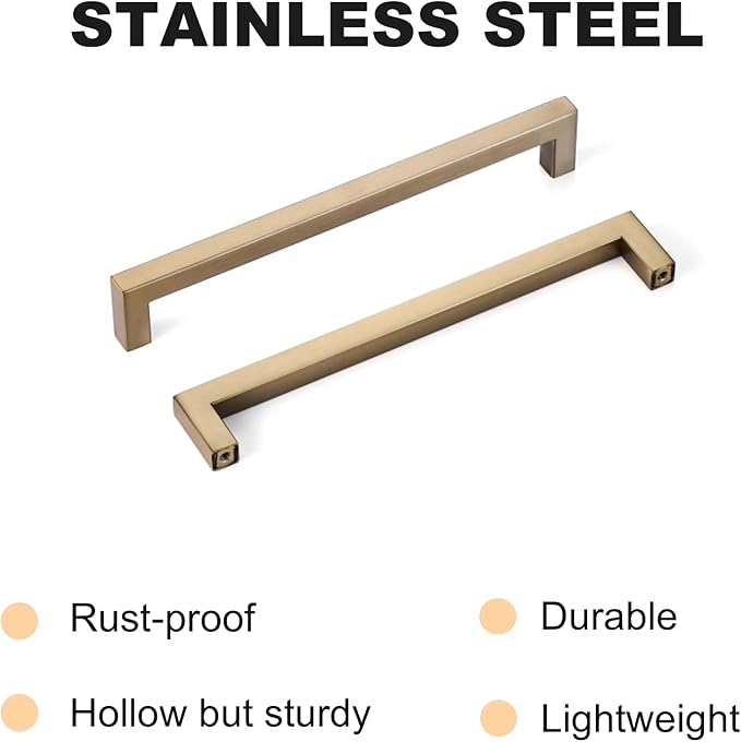 10 Pack 8 Inch Hole Center Champagne Cabinet Pulls Stainless Steel Square Drawer Handles for Bathroom Cupboard Pulls Modern Kitchen Cabinet Hardware