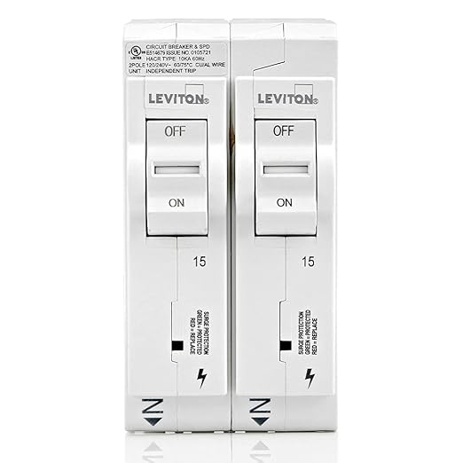 Leviton Surge Protective Device with Two 15A 1-Pole Plug-On Standard Branch Circuit Breakers, Hydraulic Magnetic, 120/240 VAC, LSPD1, White