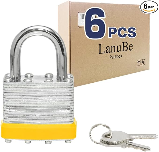 LanuBe Lock Laminated keyed Padlock (1-9/16", 40mm), keyed Alike Locks, Normal Shackle,Marked Yellow Plastic Hoop, Pack of 6