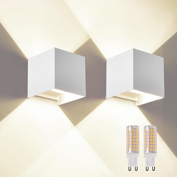 2 Pack Outdoor Wall Lights Exterior/Interior Wall Sconces Up and Down Lights IP65 Waterproof G9 Base Socket Modern Outdoor Lighting Square Aluminum White 4000K Natural Lights, Adjustable Light Angle