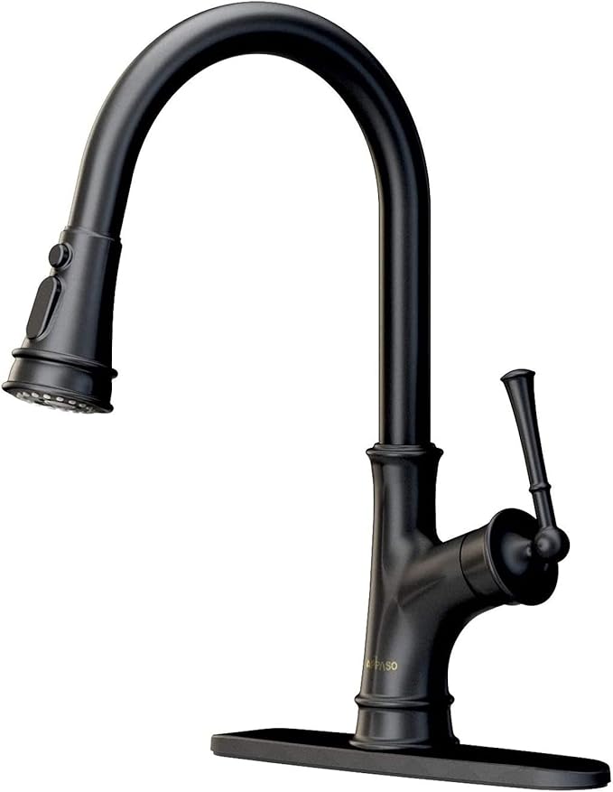 APPASO Black Kitchen Faucet with Pull Down Sprayer Head - Single Handle High Arc Single Hole Pull Out Kitchen Sink Faucets with Deck Plate, Matte Black