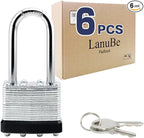 LanuBe Lock Laminated keyed Padlock (1-9/16", 40mm), keyed Alike Locks, Long Shackle,Marked Black Plastic Hoop, Pack of 6