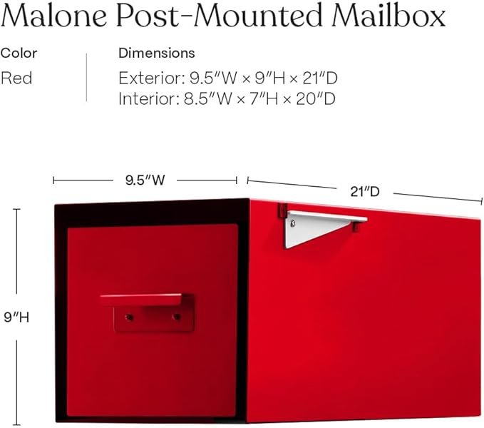 post & porch Malone Mailbox | Post Mounted Mailbox | Black/White/Gray/Brown/Red/Blue/Green, Regular or Large, Weatherproof Mail Box for Outside, Customizable (Red, Regular)