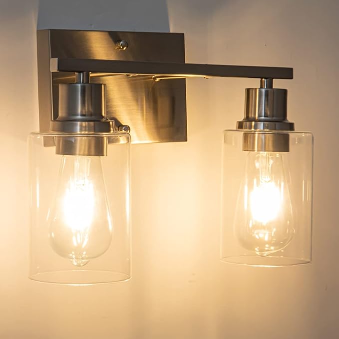 EMONG Brushed Nickel Bathroom Light Fixtures, 2-Light Vanity Light with Clear Glass Shade, Wall sconces for Hallway, Farmhouse,Bedroom Room,Kitchen