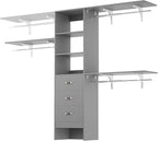 8FT Closet System, 96'' Closet Organizer System with 3 Hanging Rods, Wall Mount Bedroom Wardrobe with 3 Drawers Walk-in Closet, Adjustable Cloth Garment Rack from 5 to 8FT (Cut to Fit), Grey