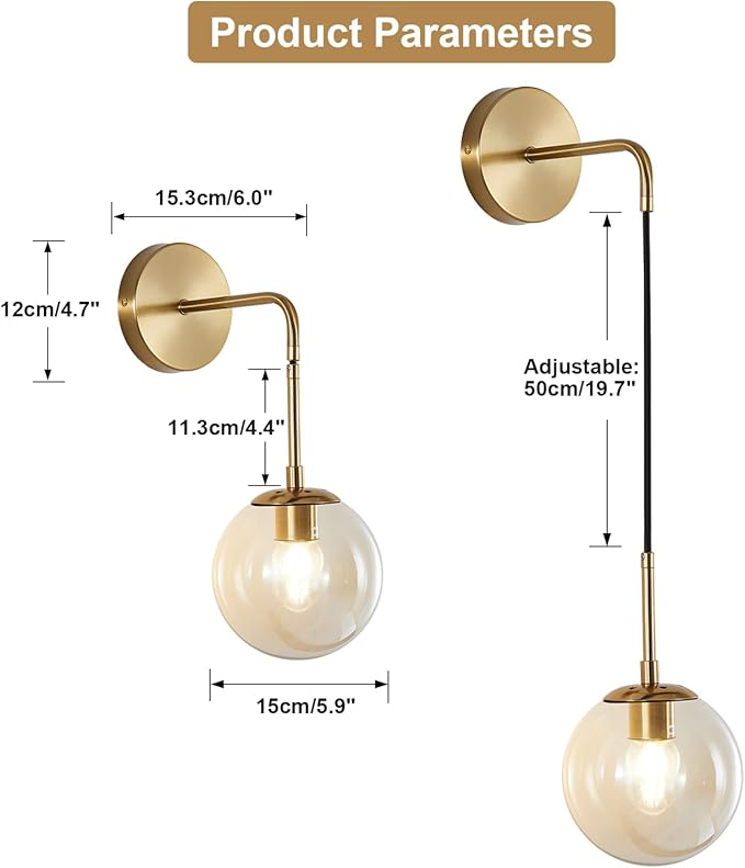 KCO Lighting Modern Gold Globe Wall Sconce Mid Century Raw Brass Round Glass Wall Mounted Light Minimalist Vanity Adjustable Cord Wall Lamp for Bathroom Mirror Bedside Stairs (Amber)