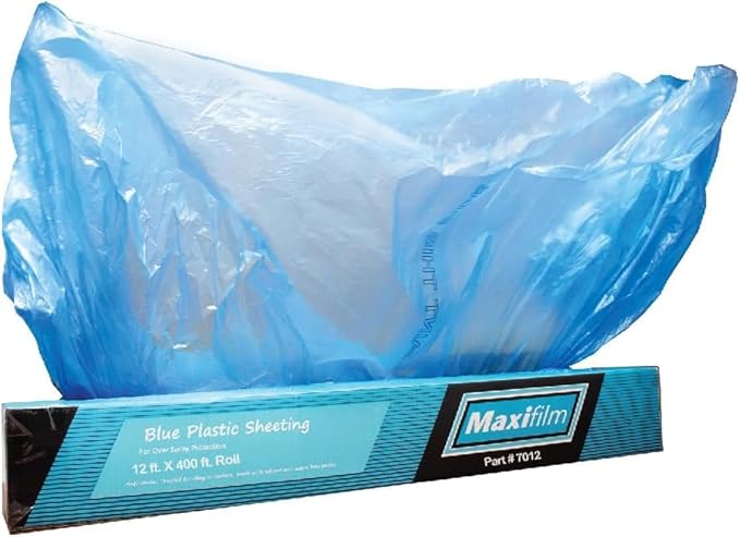 MAXIFILM 12ft x 400ft Roll of Blue Overspray Paintable Masking Plastic Sheeting -8 Micron, 0.3 Mil, Protective Masking Film Cover, Auto Painting, Cover Cloth Home Walls Furniture (1, 12ft x 400ft)