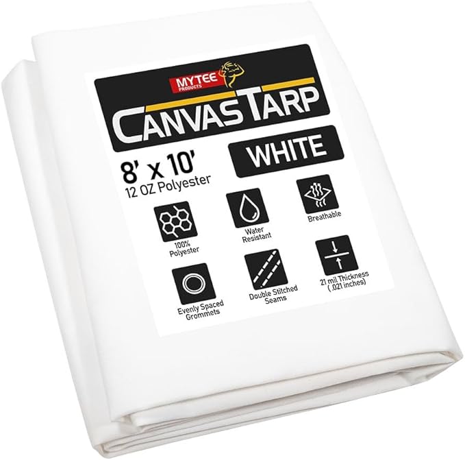 Mytee Products 8' x 10' White Canvas Tarp 12oz - Water Resistant & Breathable - Heavy Duty Tarps - Multipurpose Tarpaulin Cover for Camping Tent