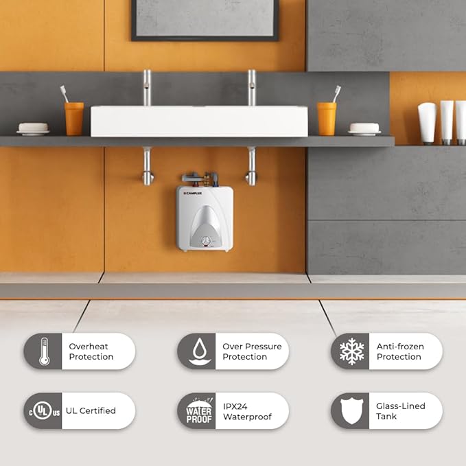 CAMPLUX Electric Small Hot Water Heater, 1.3 Gallon Point of Use Hot Water Heaters 120V 1440W, Under Sink, Wall or Floor Mounted, Easy to Install
