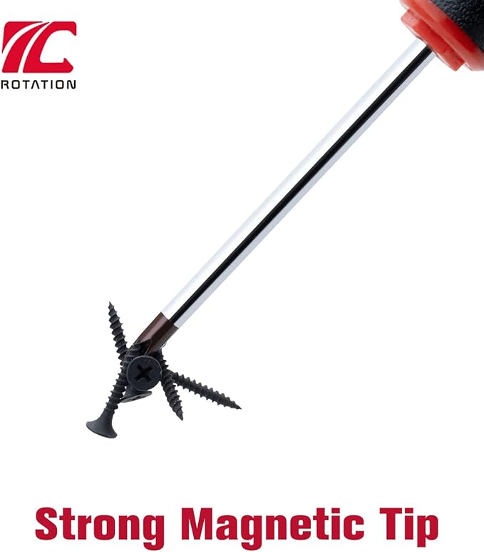 ROTATION 6PCS Magnetic Tip Screwdriver Set, 3 Phillips and 3 Flat, Red Tip | Red, Gloss, S2 Steel)