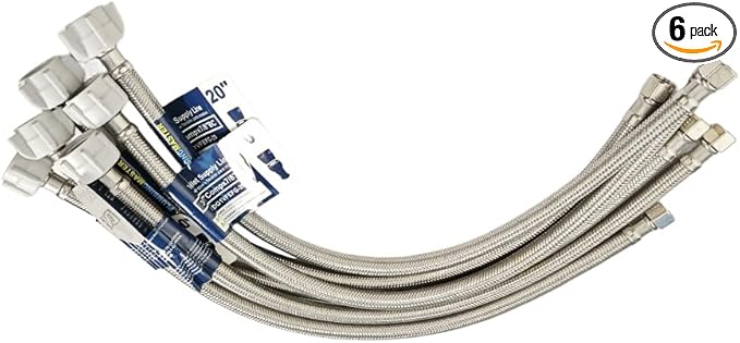 (6pcs 20 inch) PLUMBINGMASTER Toilet Water Supply Line,3/8" Comp x 7/8" BC Braided Stainless Steel Toilet Supply Line,Toilet Connector Hose with Anti-Leaking Brass Nut