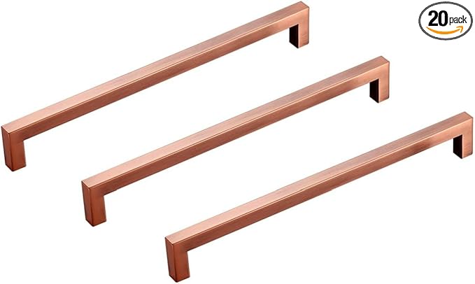 20 Pack 8 Inch Kitchen Cabinet Handles Antique Copper Drawer Pulls Stainless Steel Square Cabinet Pulls Copper Handles for Cabinets and Drawers Modern Cupboard Handles