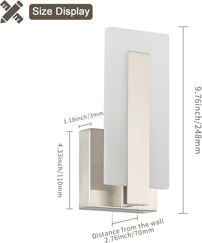 Joosenhouse Modern LED Wall Sconce Set of 2, Hardwired 3000K Warm White Light Wall Lights, 7W Up and Down Wall Mount Light, 9.76 inch Brushed Nickel Indoor Wall Sconce Wall Lighting