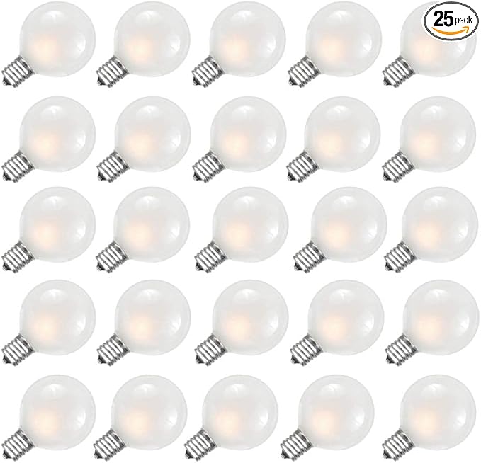 25 Pack G40 Frosted White Light Bulbs Replacement, 1.5 Inch Globe G40 Outdoor Patio String Lights Bulbs, 5W Light Bulbs with C7/E12 Candelabra Base for Outdoor Garden Patio Party Decor, Frosted White