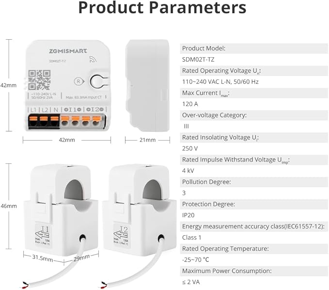 Smart Home Energy Monitor with 2 x 120A CTs, Real-Time Electricity Usage & Bi-Directional Monitoring, Supports Single-Phase 3-Wire System, Works with Home Assistant & Zigbee2MQTT (Zigbee Version)