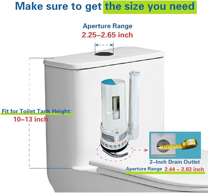 2-Inch Top Dual Flush Valve Repair Kit for One Piece Toilet (10"-13" Tank Height) - Fits 2.44"-2.83" Drain Holes | Includes 2-Inch Flush Valve, 2.2" Thread Push Button, Fill Valve
