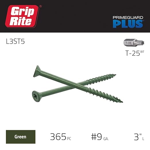 Grip Rite L3ST5 3-inch by 9 Green T-25 Star Drive PrimeGuard Plus Wood Construction Screw