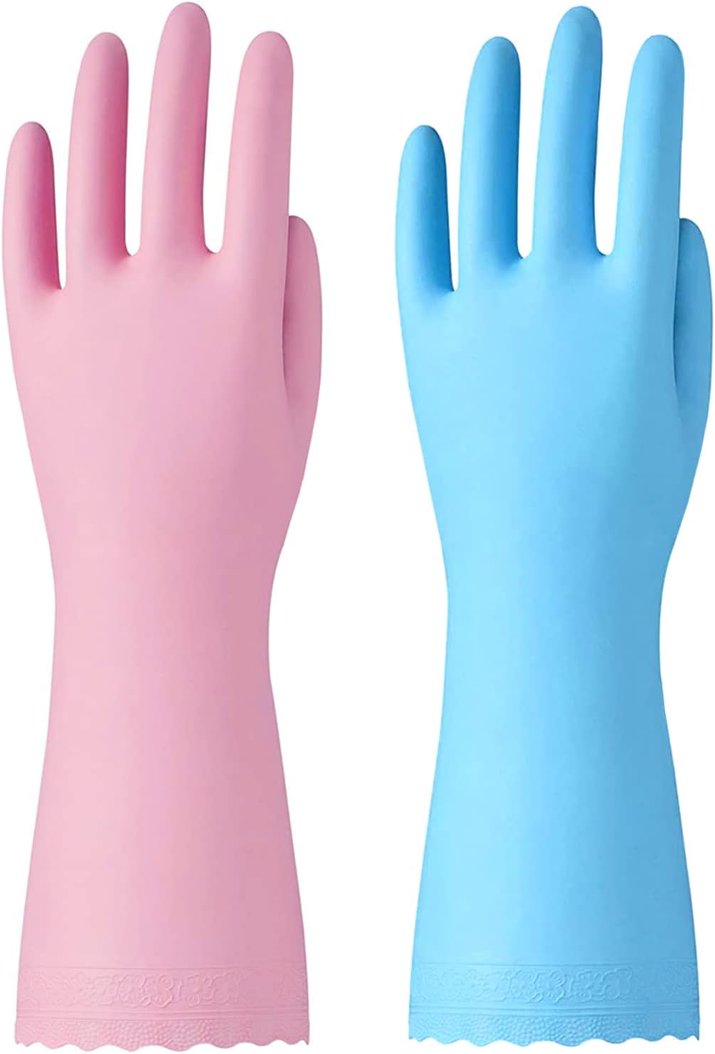 Bamllum Rubber Cleaning Gloves - 2 Pairs Latex Free Kitchen Cleaning Gloves with Cotton Liner- Household Dishwashing Gloves, Non- Slip Waterproof (Large, Blue+Pink)